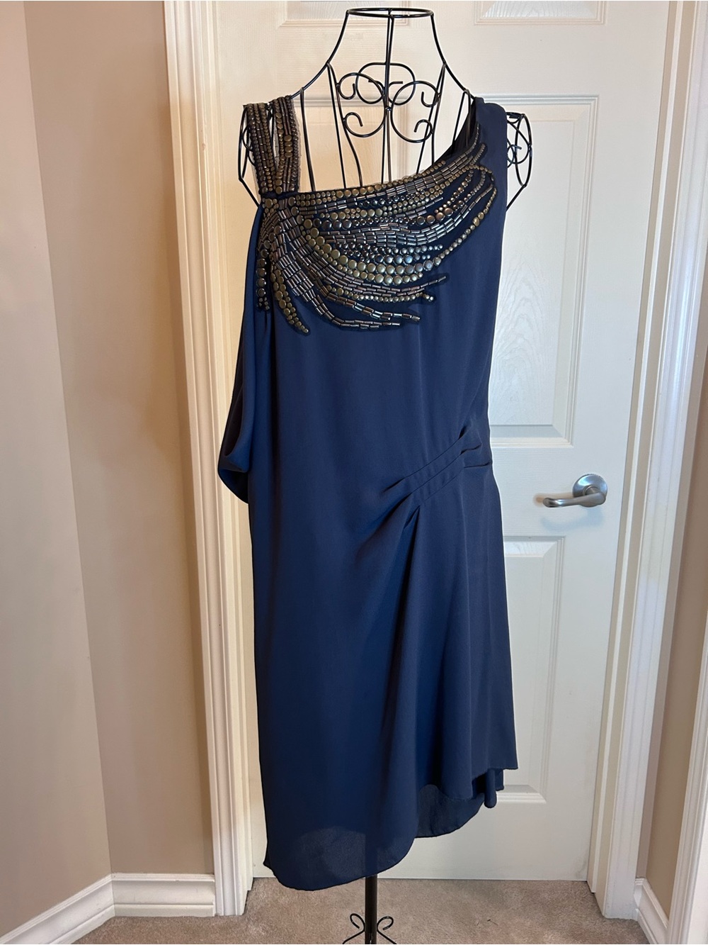 BCBGMaxAzria Dusty Blue One-Shoulder Dress with Metallic Embellishment